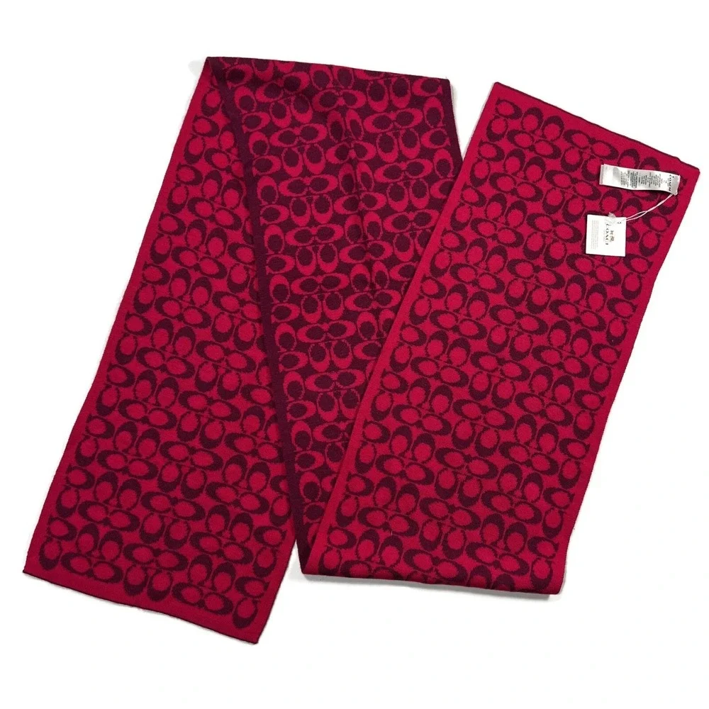 COACH Signature C Knit Scarf Reversible Fuchsia Merino Wool 10.5 x 72 New NWT‎